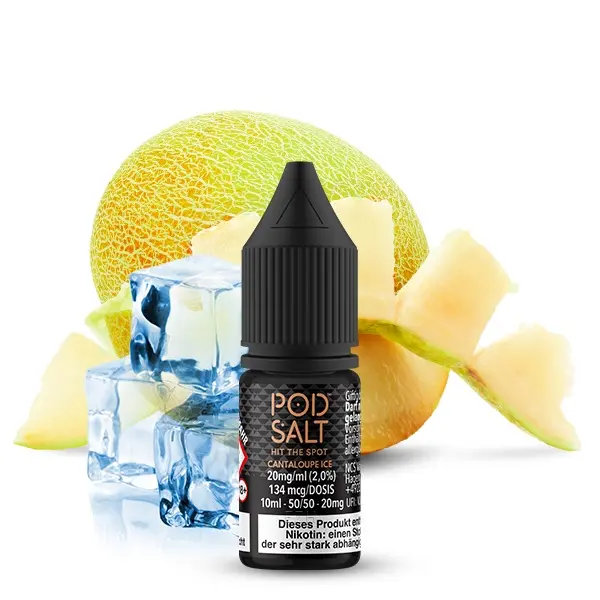 PodSalt Cantaloupe Ice 10ml Nikotinsalz-Liquid Flasche vor frischer Melone und Eiswürfeln
