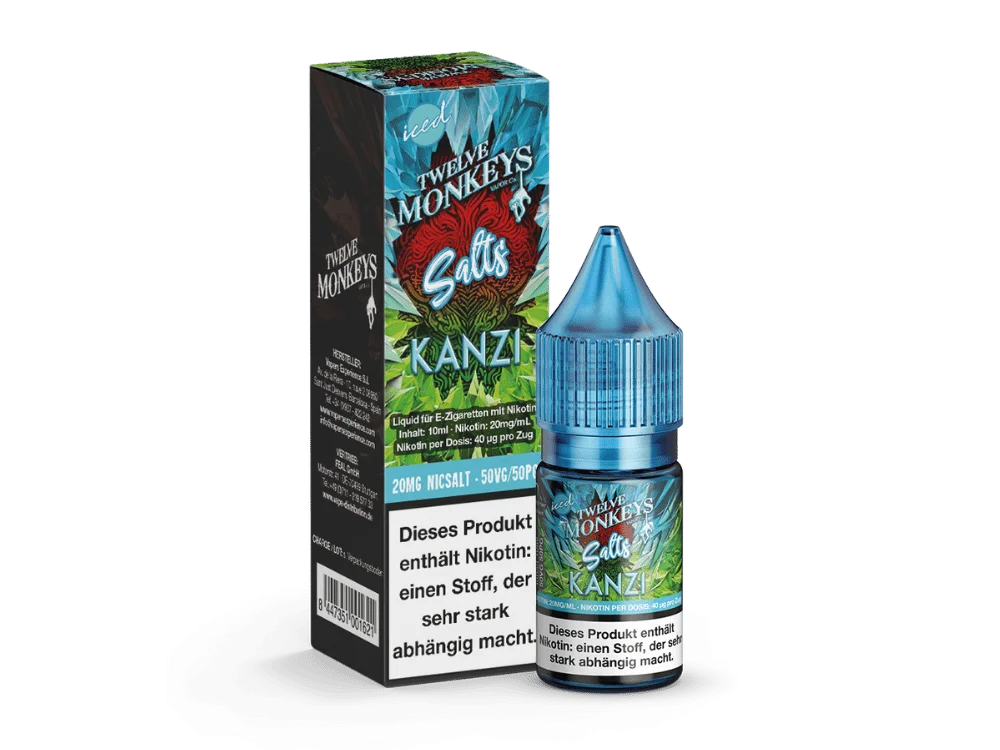 Twelve-Monkeys-NicSalt-20mg-Kanzi_V2_1000x750.png Twelve Monkeys Iced Kanzi 10ml Nikotinsalz-Liquid, grün-blaue Verpackung mit Flasche, Frontansicht