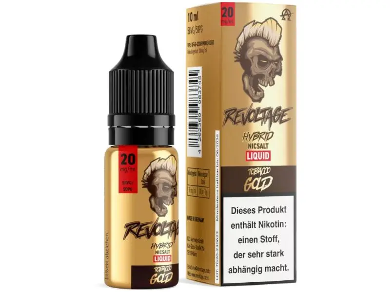 Revoltage Tobacco Gold Hybrid-Nikotinsalz-Liquid 10ml Flasche und Verpackung gold, 20 mg/ml
