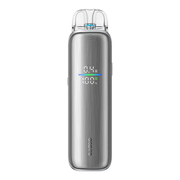 Aspire Pixo Max Pod Kit in Silber-Grau mit LED-Display, schlanke Frontansicht