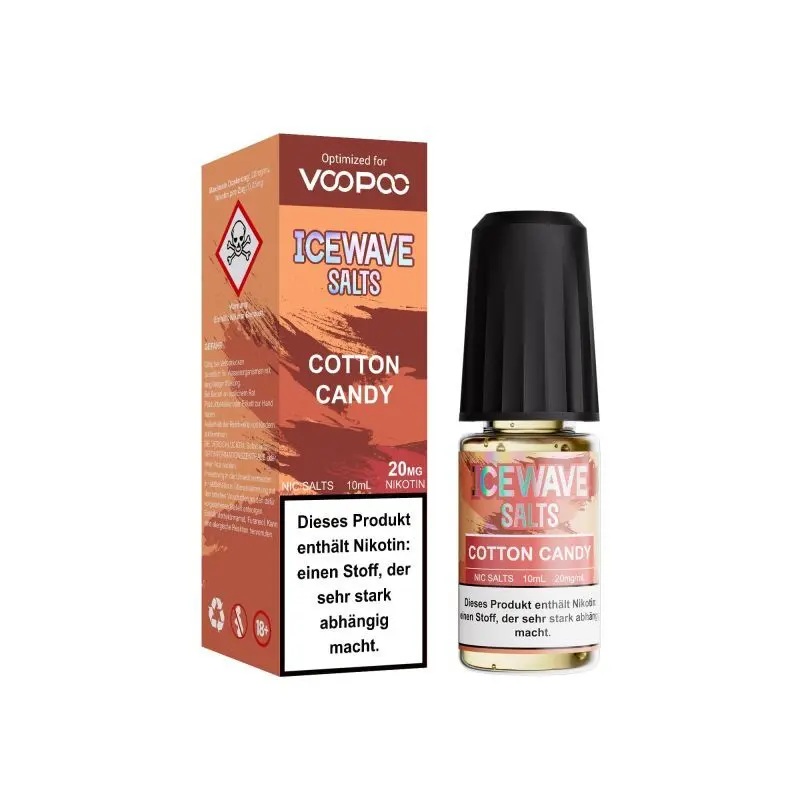 Icewave Salts Cotton Candy 10ml Nikotinsalz-Liquid – lachsfarbene Faltschachtel mit Flasche, Vorderansicht