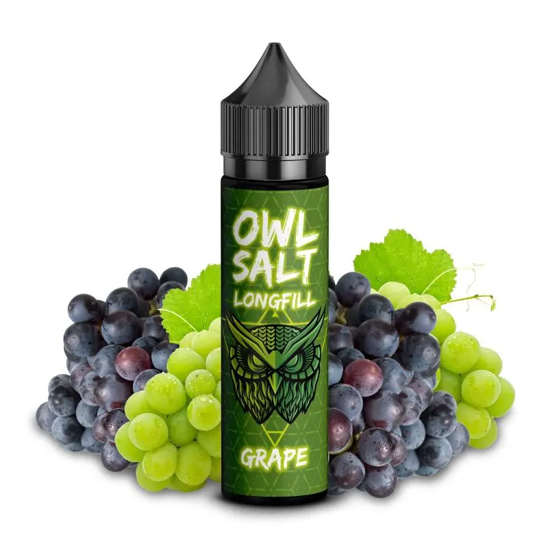 source922871.jpg OWL Salt Grape Longfill 60ml Flasche mit grünem Etikett und Weintrauben im Hintergrund