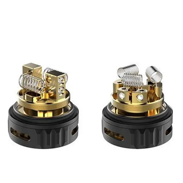 CoilArt Azeroth RTA Selbstwickler Tank – zwei Deck-Ansichten in Schwarz und Gold mit montierten Coils