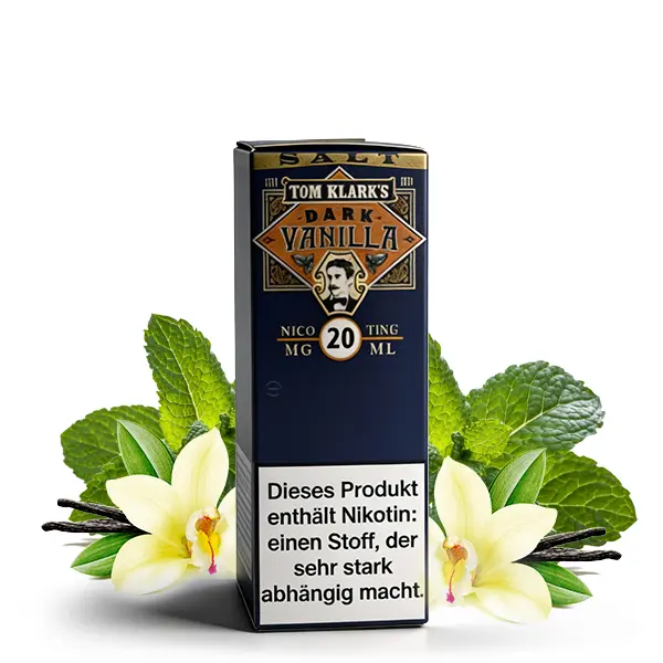 Tom Klarks Dark Vanilla Nikotinsalz-Liquid 10ml, dunkles Etikett mit Vanilleblüte und Minze, 20mg