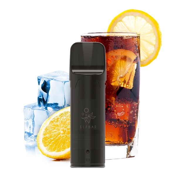 Elfbar Elfa Prefilled Pod Cola 20mg/ml – schwarzer Pod neben Cola mit Eis und Zitrone