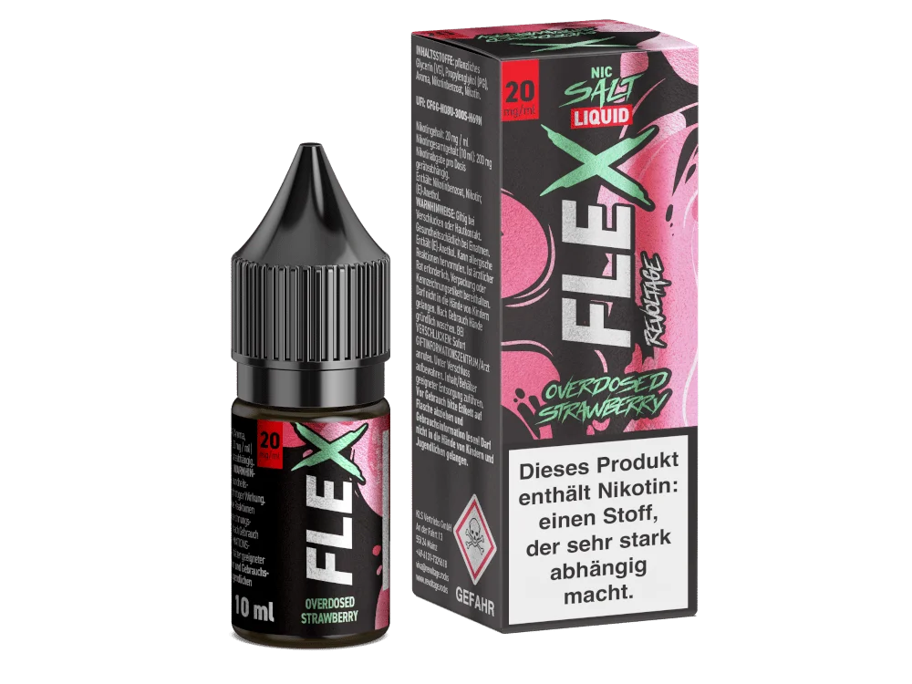 Revoltage Flex Overdosed Strawberry 10ml Nikotinsalz-Liquid – Flasche und Verpackung in Pink-Grün