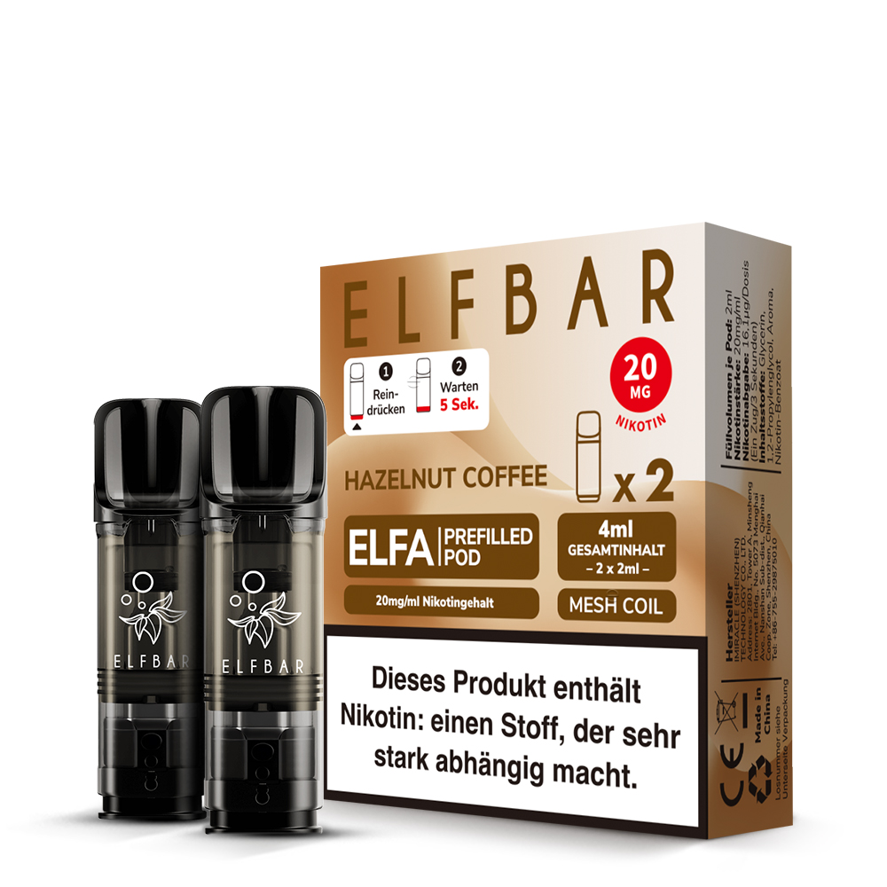 Elfbar Elfa Prefilled Pod Hazelnut Coffee 2er-Packung, braune Box mit zwei Pods