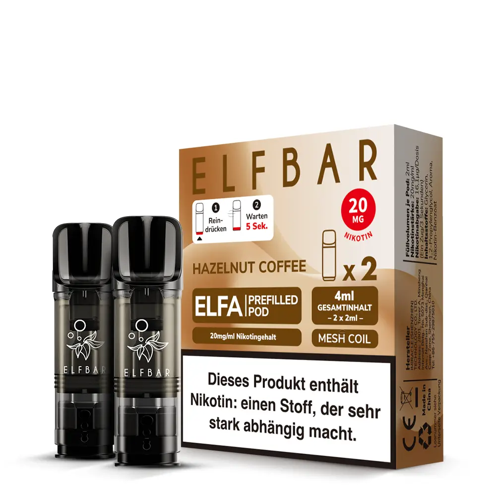 Elfbar Elfa Prefilled Pod Hazelnut Coffee 2er-Packung, braune Box mit zwei Pods