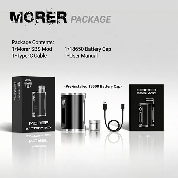 Ambition Mods Morer SBS Mod Lieferumfang: Mod in Schwarz, USB-C-Kabel, 18650-Kappe und Bedienungsanleitung