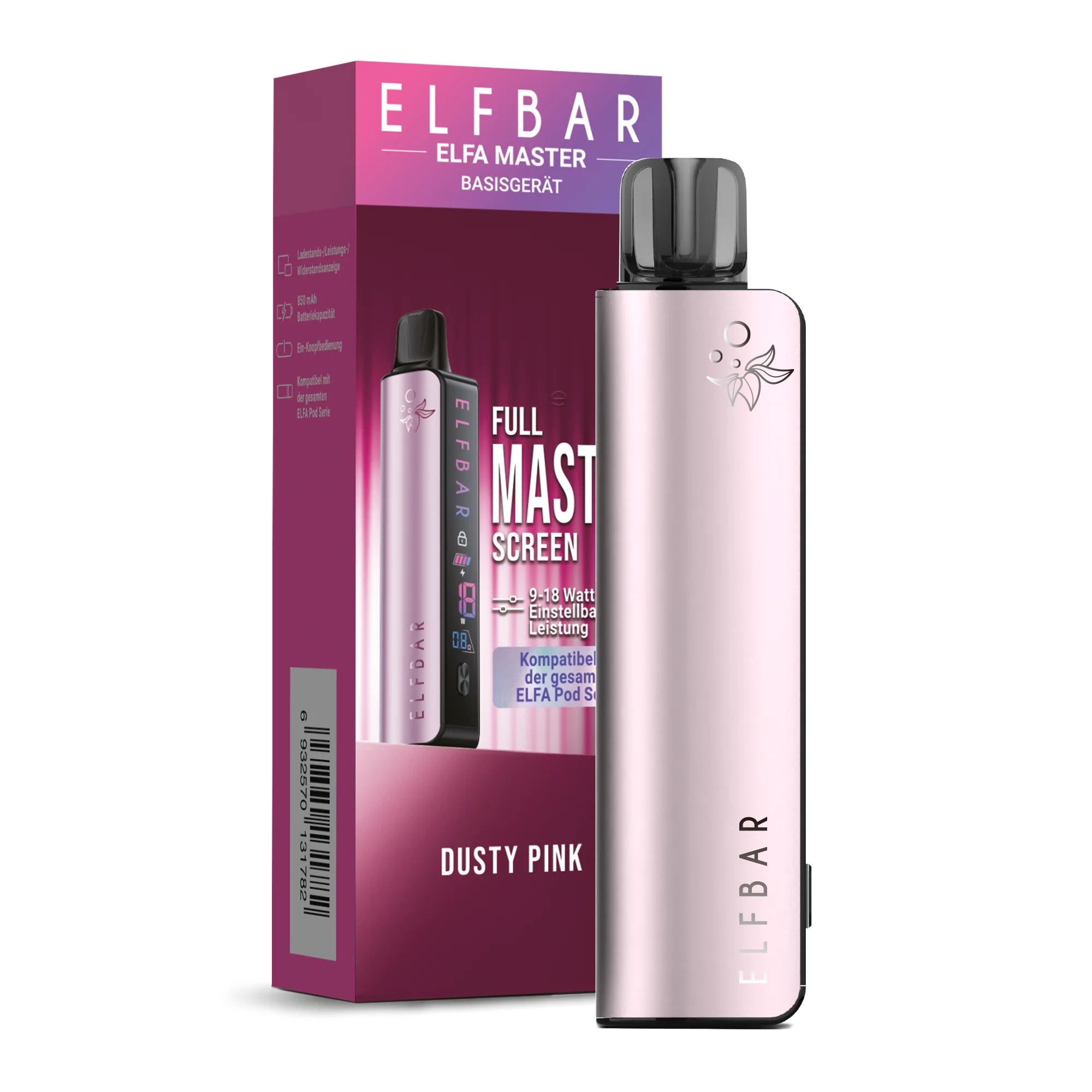 Elfbar Elfa Master Basisgerät in Dusty Pink – rosafarbenes Gerät neben pinker Produktverpackung