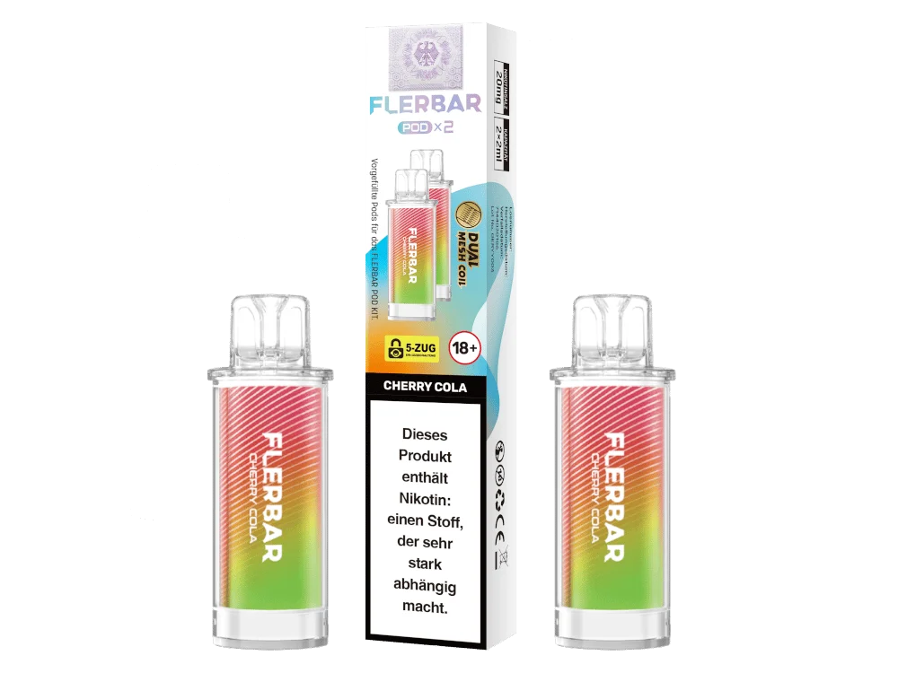 Flerbar Prefilled Pod Cherry Cola – Verpackung und zwei rot-grüne Pods im Doppelpack