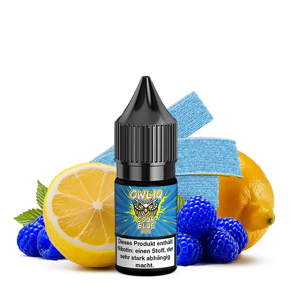 Owliq Sour Blue 10ml Nikotinsalz-Liquid, kleine Flasche vor blauen Himbeeren und Zitrone