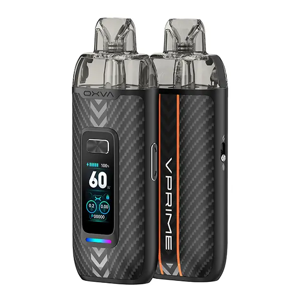 oxva-vprime-pod-kit-10.jpg Oxva VPrime Pod Kit in Carbon-Schwarz mit orangem Akzent, zwei Ansichten mit Farbdisplay