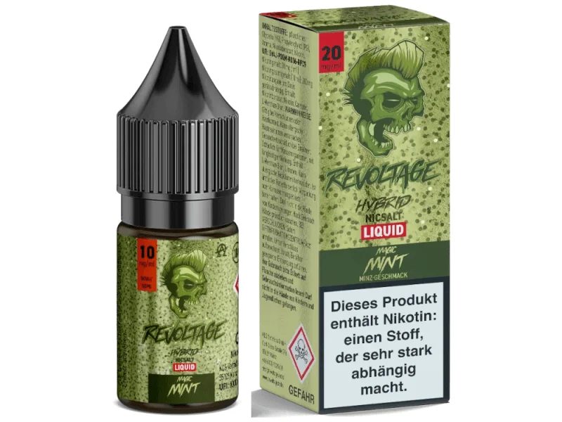 source122485.png Revoltage Magic Mint 10ml Hybrid-Nikotinsalz-Liquid – Flasche und grüne Schachtel, nikotinhaltige Variante