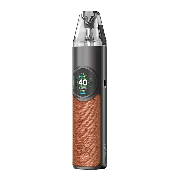 Oxva NeXlim Pod Kit in Braun mit rundem Display und transparentem Pod, Frontansicht