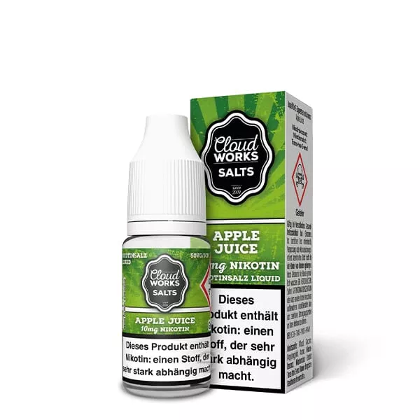 source916655.jpg Cloudworks Apple Juice 10ml Nikotinsalz-Liquid – Flasche mit Umverpackungskarton, Vorderansicht