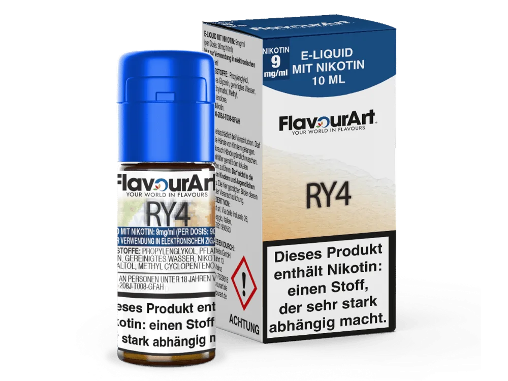 Flavourart RY4 10ml E-Liquid Flasche und blaue Box, 9 mg Nikotin