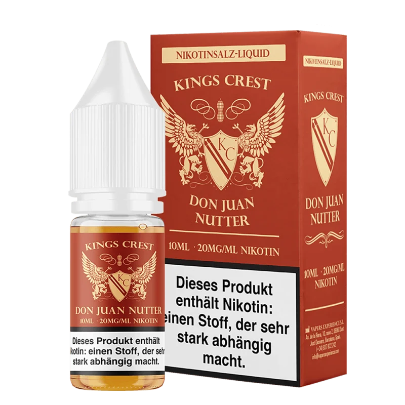 Kings Crest Don Juan Nutter Nikotinsalz-Liquid 10ml – rote Verpackung mit Adler-Logo, Einzelflasche und Umkarton