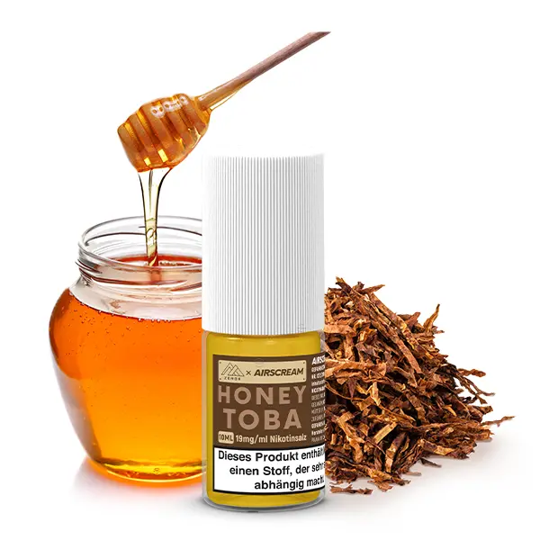 Airscream Zero6 Honey Toba Nikotinsalz-Liquid – 10ml Flasche vor Honig und Tabak-Zutaten