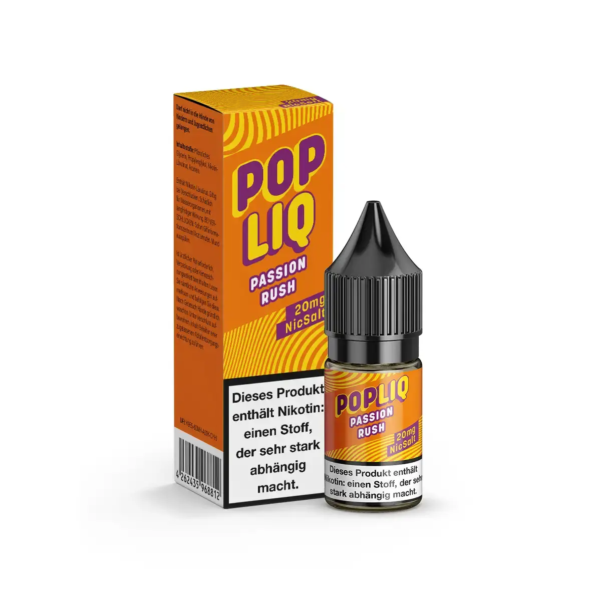 PopLiq Passion Rush 10ml Nikotinsalz-Liquid – orange Flasche mit Schachtel, tropisches Frucht-Design, Seitenansicht