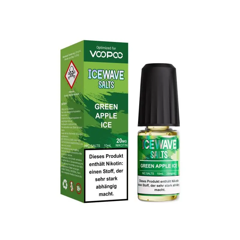 WAV401_800x800.jpg?ts=1763624095 Icewave Salts Green Apple Ice 10ml Nikotinsalz-Liquid – grüne Verpackung mit Flasche, seitliche Ansicht