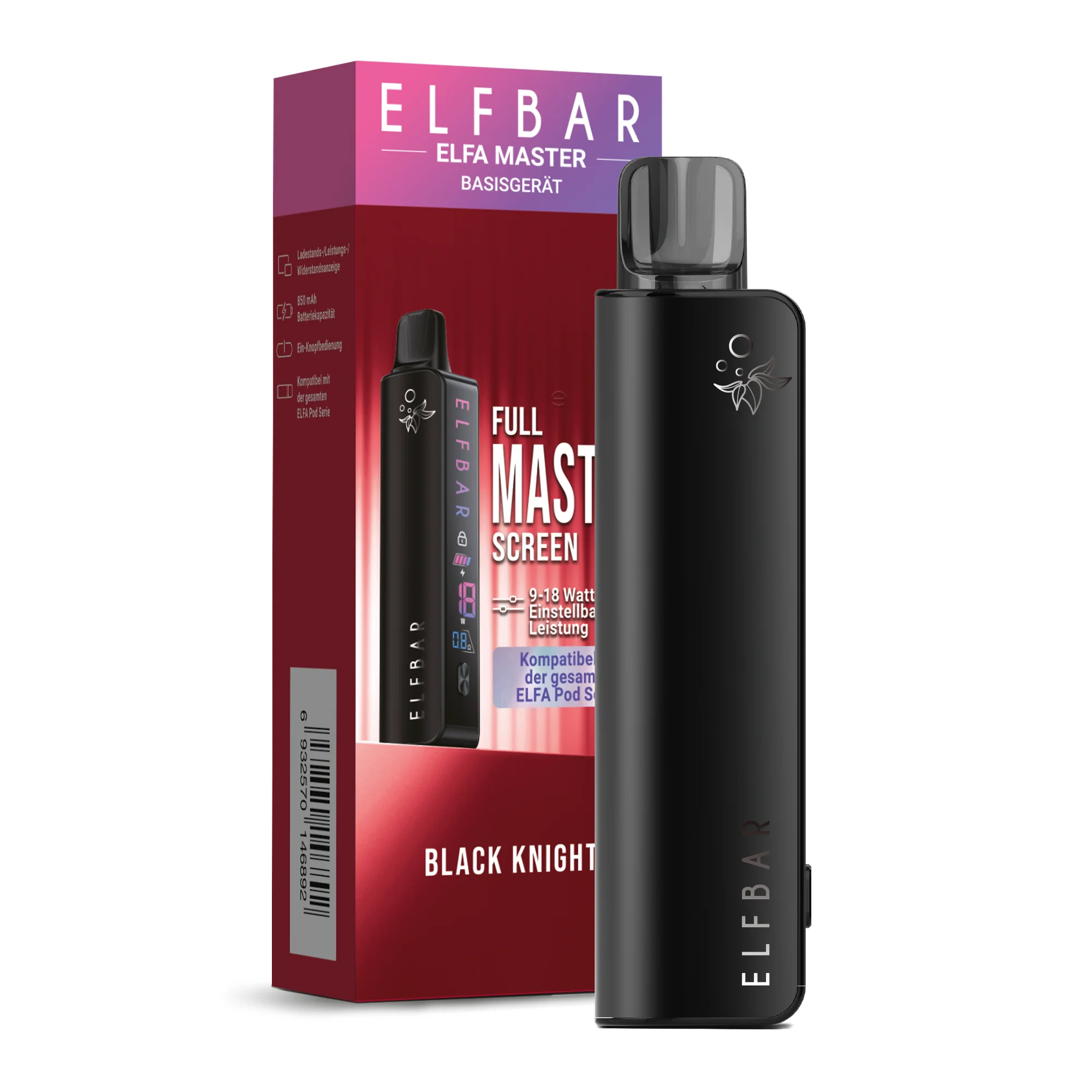 black-knight-2d7kTu7CfBqjOH.png Elfbar Elfa Master Basisgerät Black Knight mit Originalverpackung – schwarzes Pod-System neben roter Produktbox