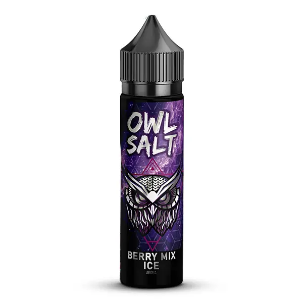 OWL Salt Berry Mix Ice Longfill, schwarze 60-ml-Flasche mit lila Eule und Beerenmotiv