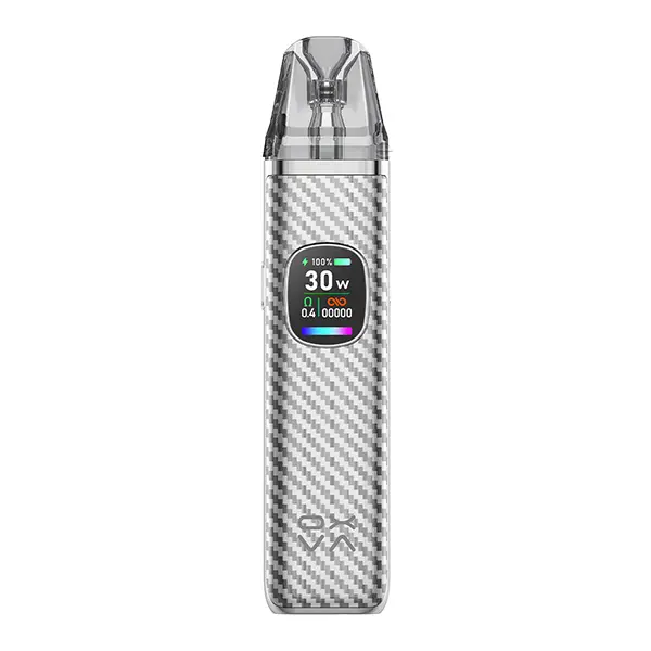 Oxva Xlim Pro 2 Kit in Silber-Weiß mit Carbon-Textur, aufgesetzter Pod und Farbdisplay