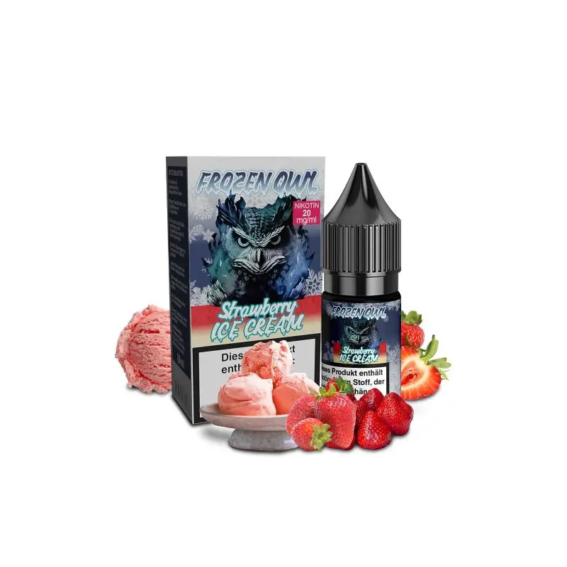 OWL Frozen Strawberry Ice Cream 10ml Nikotinsalz-Liquid Flasche mit Verpackung und Erdbeermotiv