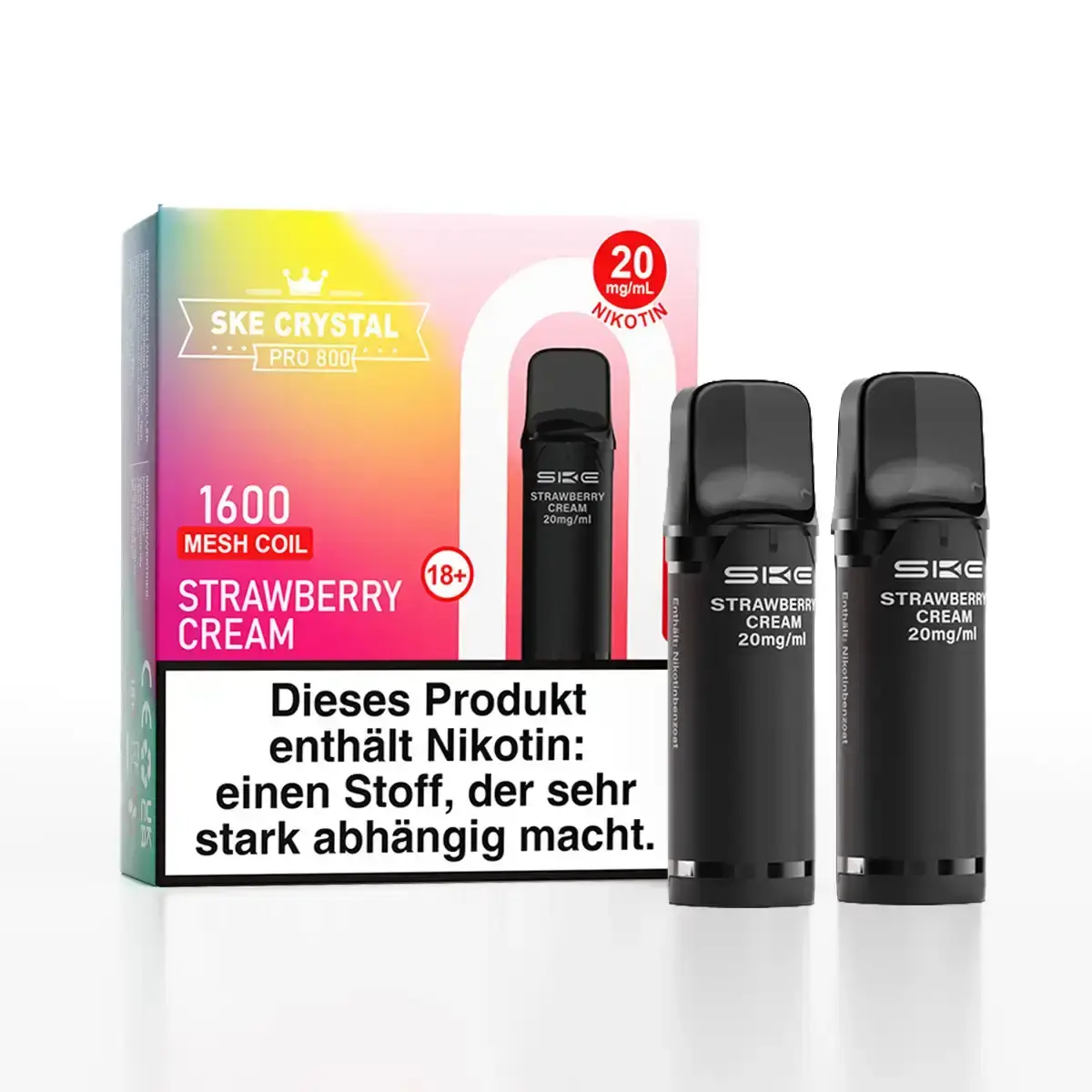 SKE Crystal 800 Pro Prefilled Pod Strawberry Cream – 2er-Packung schwarze Pods mit rosa-gelbem Farbverlauf-Karton