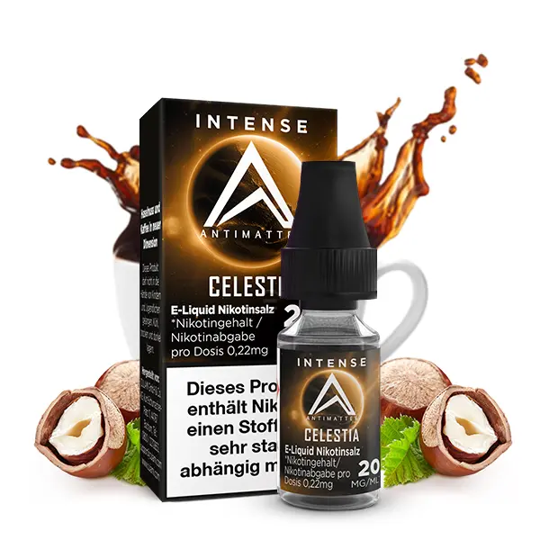 Antimatter Intense Celestia 10ml Nikotinsalz-Liquid Flasche und Verpackung mit Nuss-Karamell-Motiv