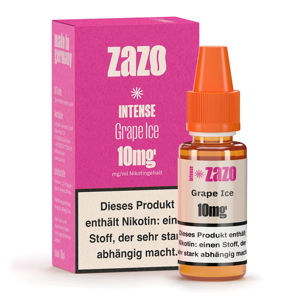 ZAZO Intense Grape Ice Nikotinsalz-Liquid 10ml, 10mg, Flasche und Umkarton in Pink mit Weintrauben-Motiv