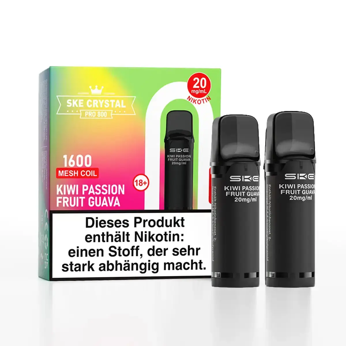 SKE Crystal 800 Pro Prefilled Pod Kiwi Passion Fruit Guava – 2er-Pack in bunter Box mit zwei schwarzen Pods