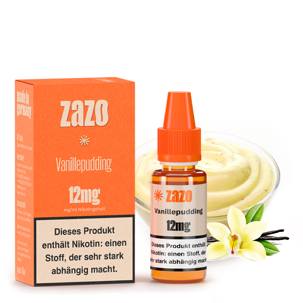 ZAZO Neo Vanillepudding 12mg Liquid – orangefarbene Schachtel mit 10ml Flasche, Vanillepudding-Motiv im Hintergrund