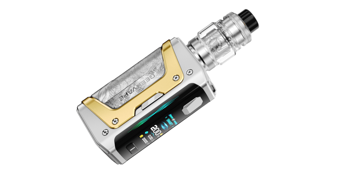 GeekVape Aegis Legend 5 10th Anniversary Edition Kit Seitenansicht in Silber-Gold mit montiertem Verdampfer