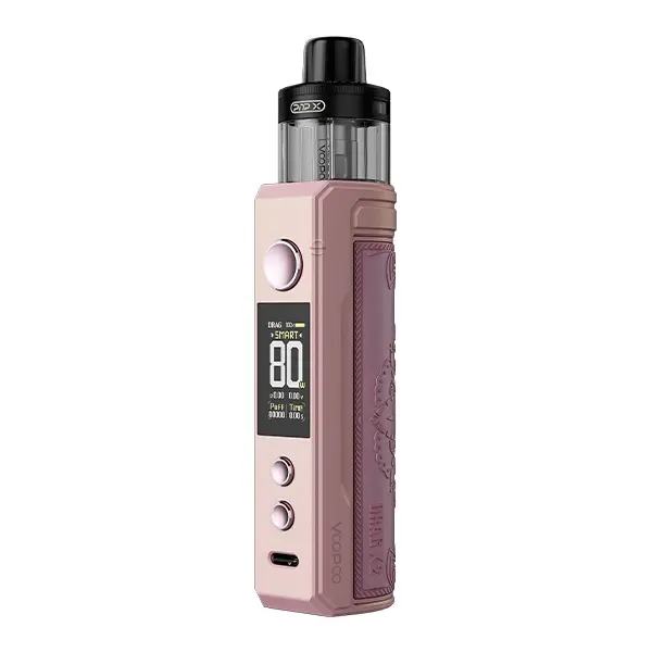 VooPoo Drag X2 Pod Kit E-Zigarette in Rosa mit Display und aufgestecktem Tank, Vorderansicht