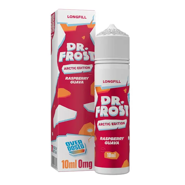 dr-frost-artic-raspberry-guava-2.jpg Dr. Frost Arctic Edition Raspberry Guava Longfill, rote Verpackung mit 10ml Flasche und 60ml Leerflasche