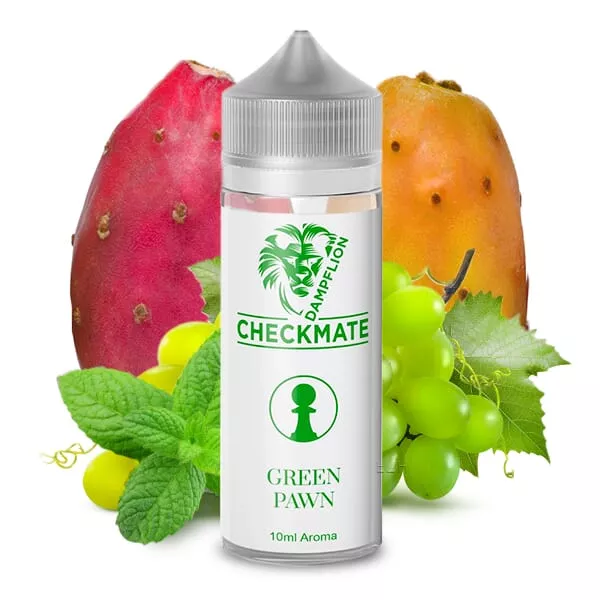 DampfLion Checkmate Green Pawn Longfill Aroma, weiße Flasche mit Kaktusfeige und grünen Trauben