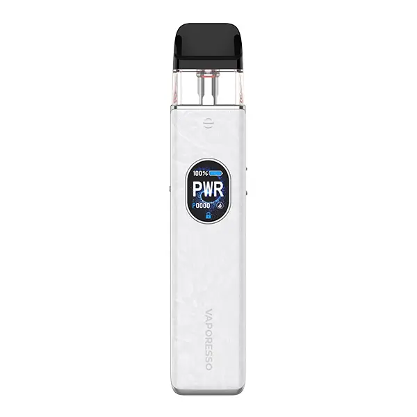 Vaporesso Xros 5 Pod Kit in Weiß mit Rautenmuster, Display und schwarzem Mundstück
