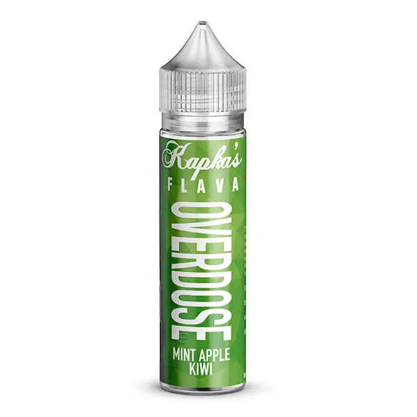 Kapkas Flava Overdose Mint Apple Kiwi Longfill 60 ml, grüne Flasche mit Schriftzug