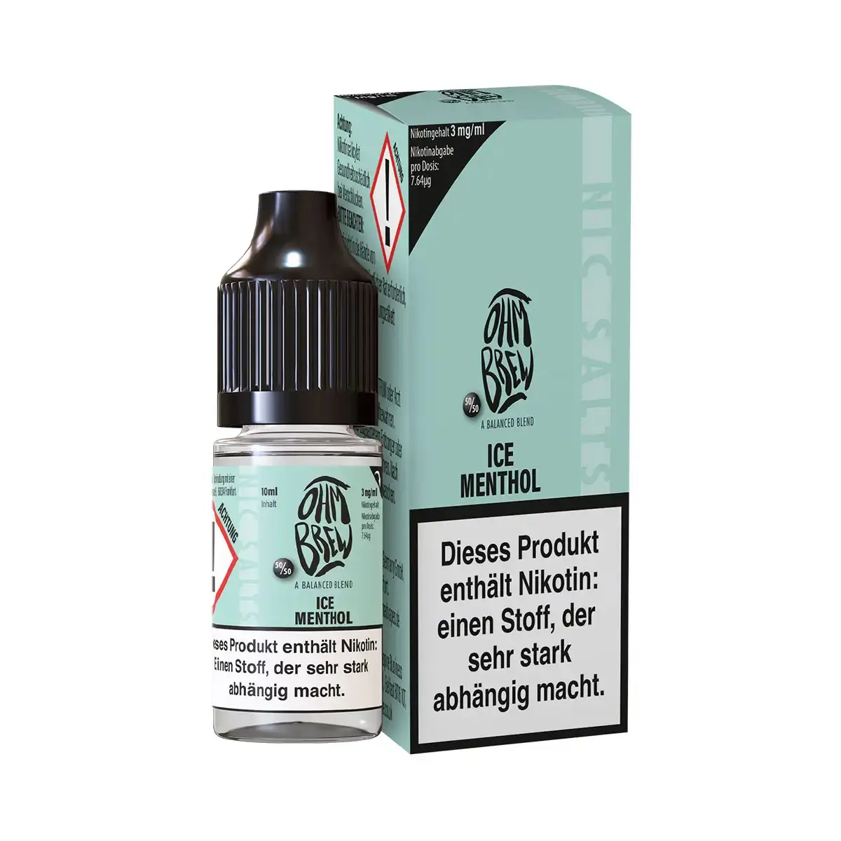 Ohmbrew Ice Menthol 10ml Nikotinsalz-Liquid in türkisfarbener Flasche mit Verpackungsschachtel, seitliche Ansicht