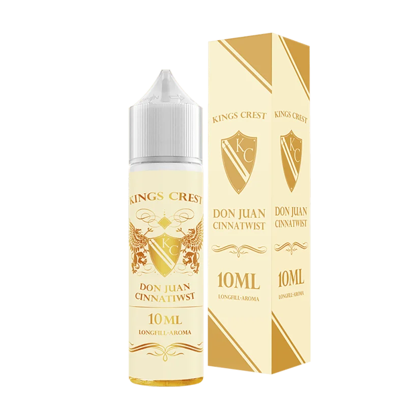 KIC108_800x800.png?ts=1763623836 Kings Crest Don Juan Cinnatwist Longfill 10ml Flasche mit goldener Verpackung, Frontalansicht