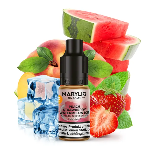 Elfbar Maryliq Peach Strawberry Watermelon Ice 10ml Nikotinsalz-Liquid Flasche mit Früchten und Eiswürfeln im Hintergrund