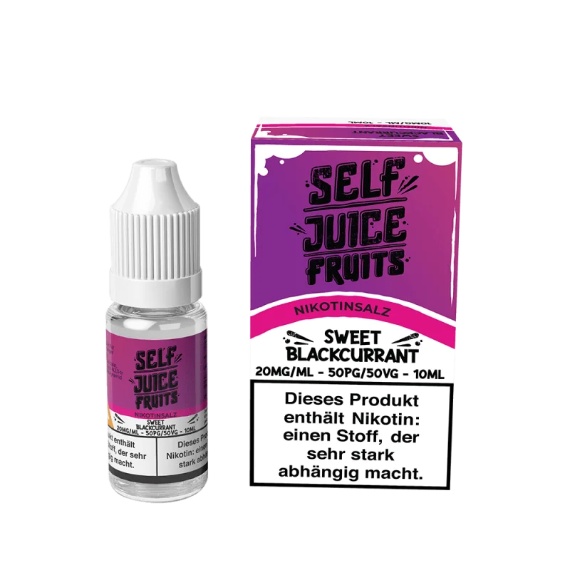 Self Juice Fruits Blackcurrant Ice 10ml Nikotinsalz-Liquid – lila Flasche neben pink-lila Schachtel