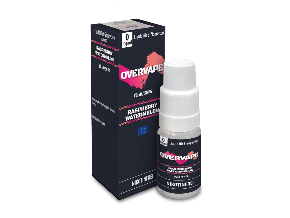 overvape_nicsalt_raspberry_watermelon_0mg_v2_1000x750.png Overvape Raspberry Watermelon Nikotinsalz-Liquid 10ml – einzelne Flasche mit pinkem Etikett, Frontansicht