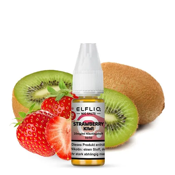 Elfbar Elfliq Strawberry Kiwi 10ml Nikotinsalz-Liquid Flasche mit Erdbeeren und Kiwi im Hintergrund