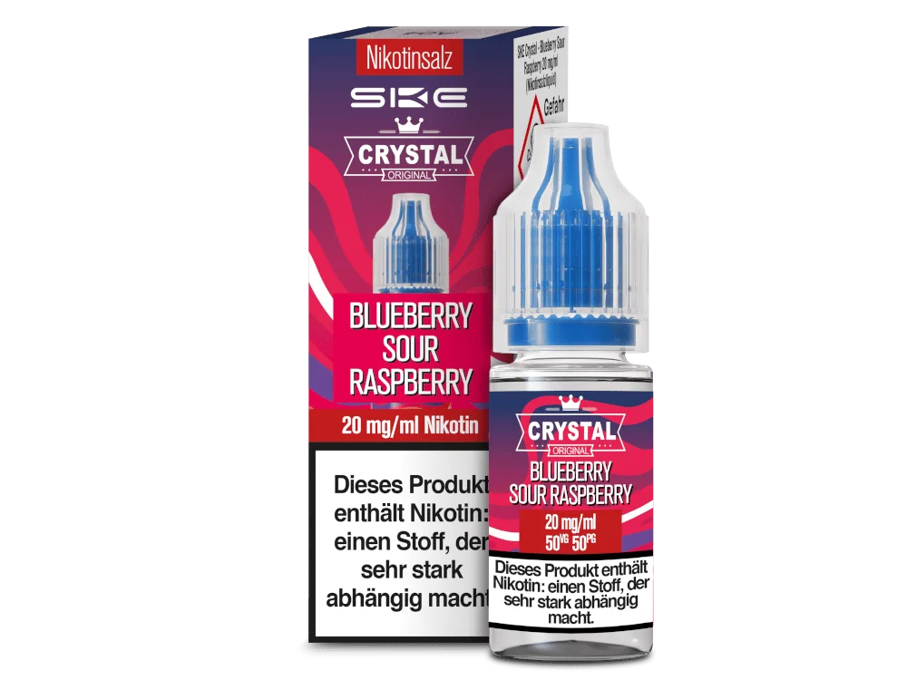 SKE Crystal Blueberry Sour Raspberry 10ml Nikotinsalz-Liquid – pink-blaue Packung mit Flasche, 20 mg/ml