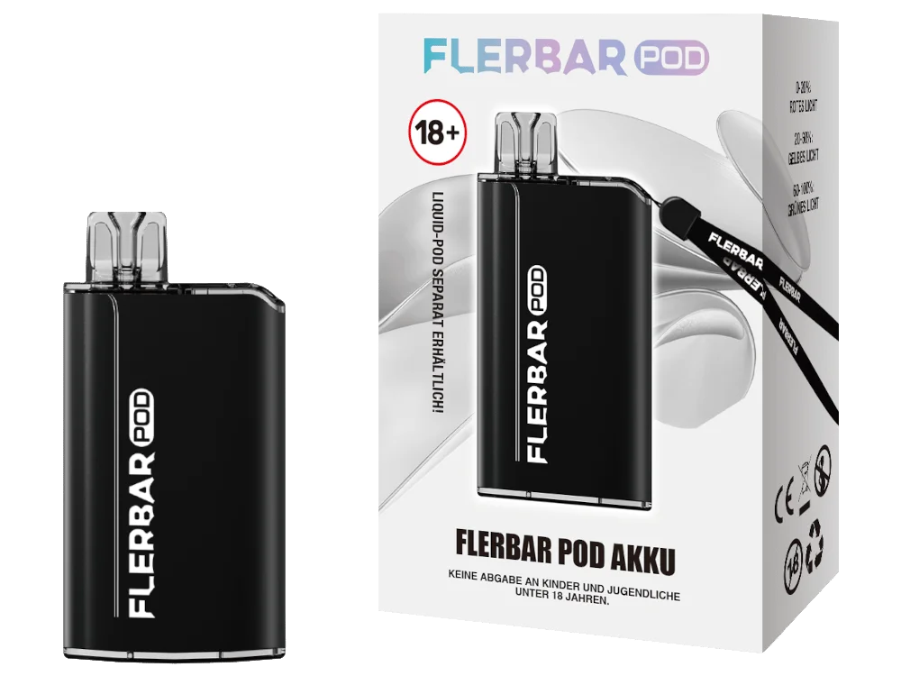 flerbar-pod-akku-schwarz-1000x750.png Flerbar Basisgerät in Schwarz mit passender Verpackungsbox, kompaktes Pod-System mit Lanyard