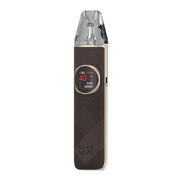 Oxva NeXlim 2 Pod Kit in Dunkelbraun mit Lederoptik und rundem Display, Seitenansicht