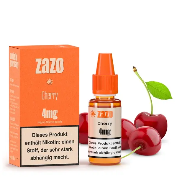 ZAZO Classics Cherry 10ml Liquid – orangefarbene Verpackung mit Flasche, 4mg, Kirschen im Hintergrund